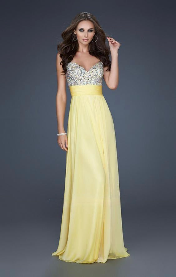 La Femme Yellow Embellished Bodice Evening Gown