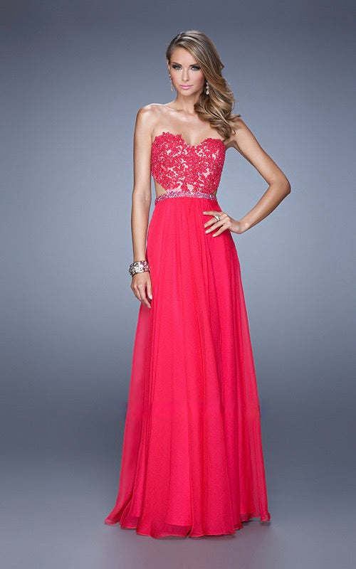 La Femme Red Strapless Embellished Evening Gown