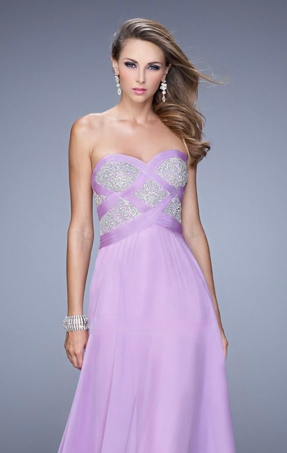 La Femme Lavender Strapless Knotted Evening Gown