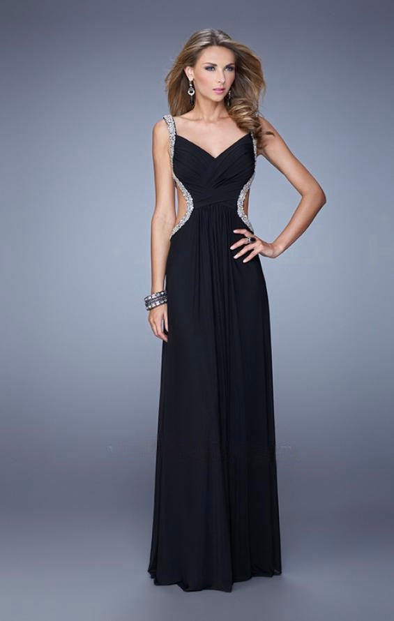 La Femme Black Crystal Embellished Evening Gown