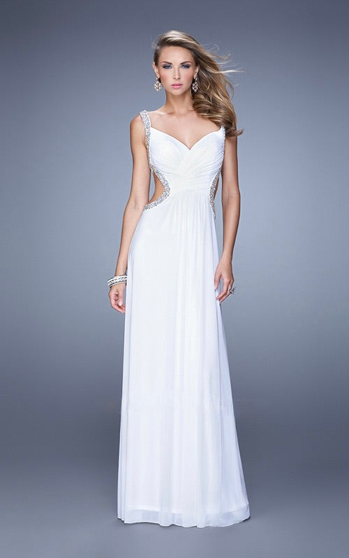 La Femme White Crystal Embellished Evening Gown