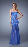 La Femme Royal Blue Strapless Lace Evening Gown