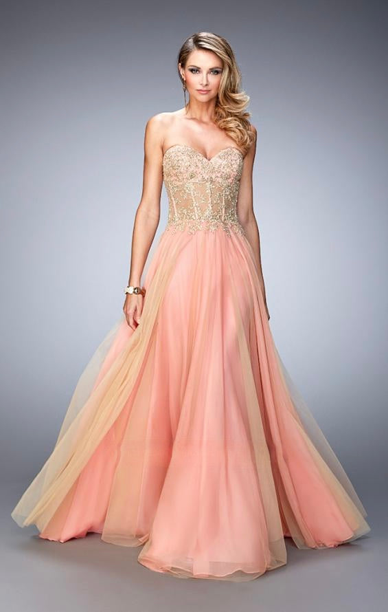 La Femme Coral Strapless Tulle Evening Gown