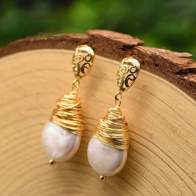 Natural Freshwater Pearl & Copper Drop Earrings