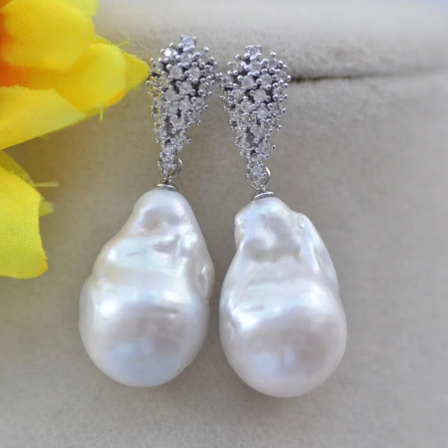 White Baroque Keshi Pearl Cubic Zirconia Drop  Earrings