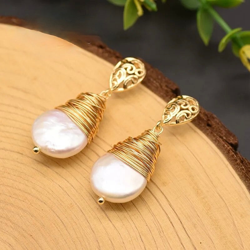 Natural Freshwater Pearl & Copper Drop Earrings