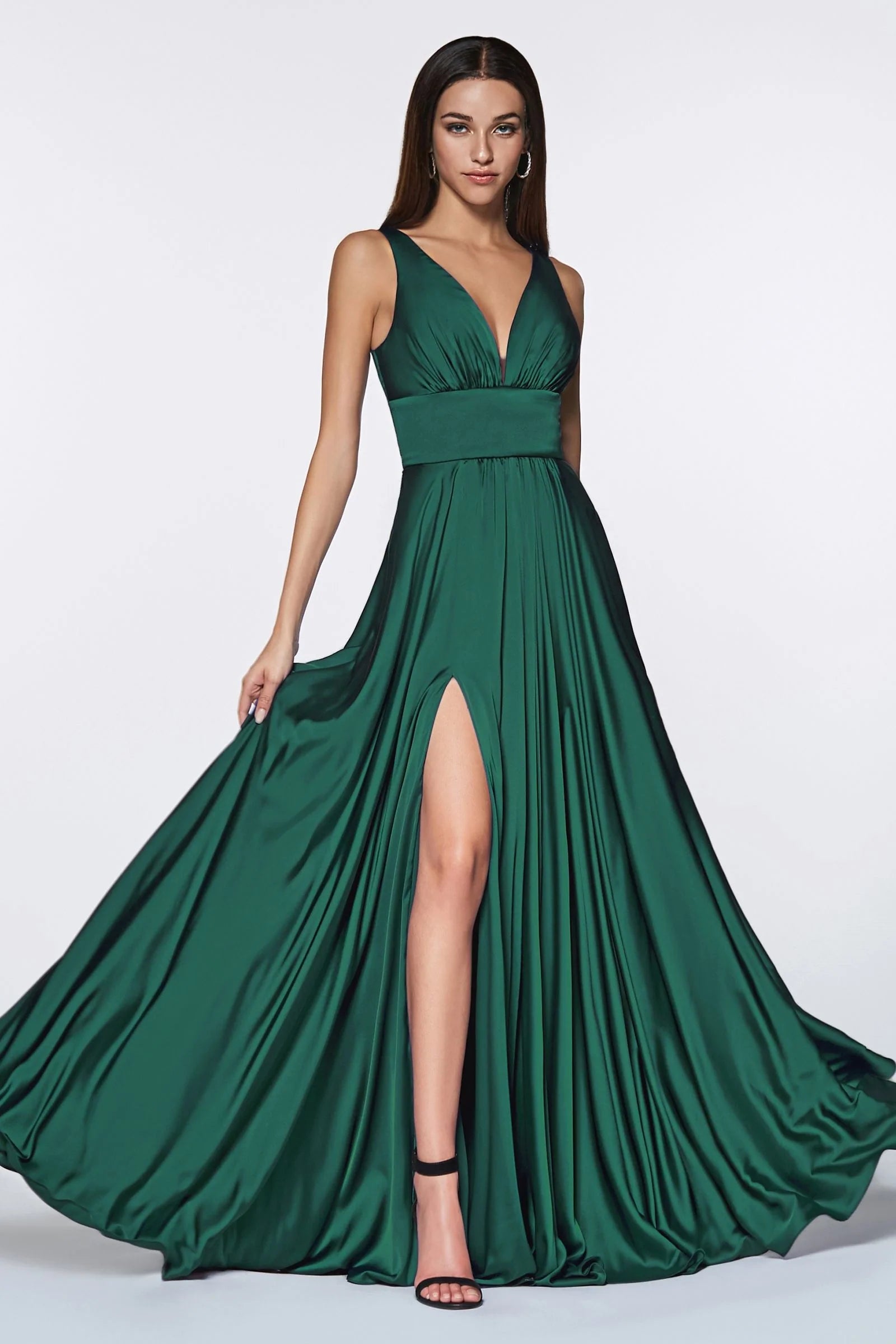 Ladivine Forest Green Satin A-Line Evening Gown