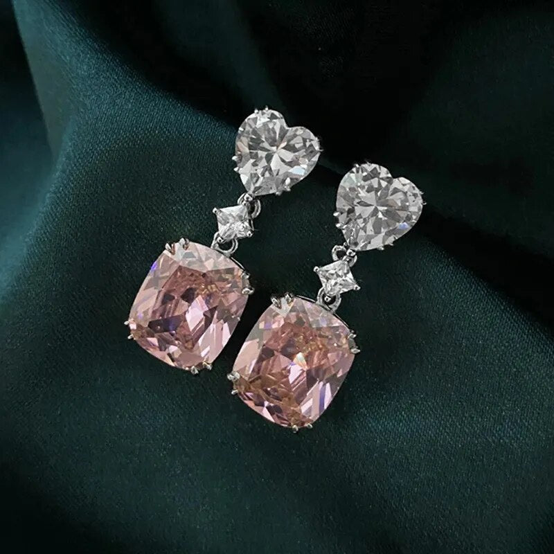 Pink Square Cubic Zirconia Drop Earrings