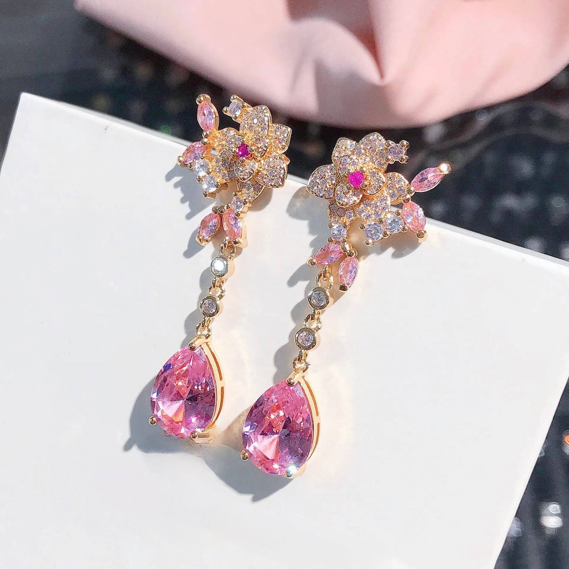 Gold Flower Pink Cubic Zirconia Teardrop Earrings