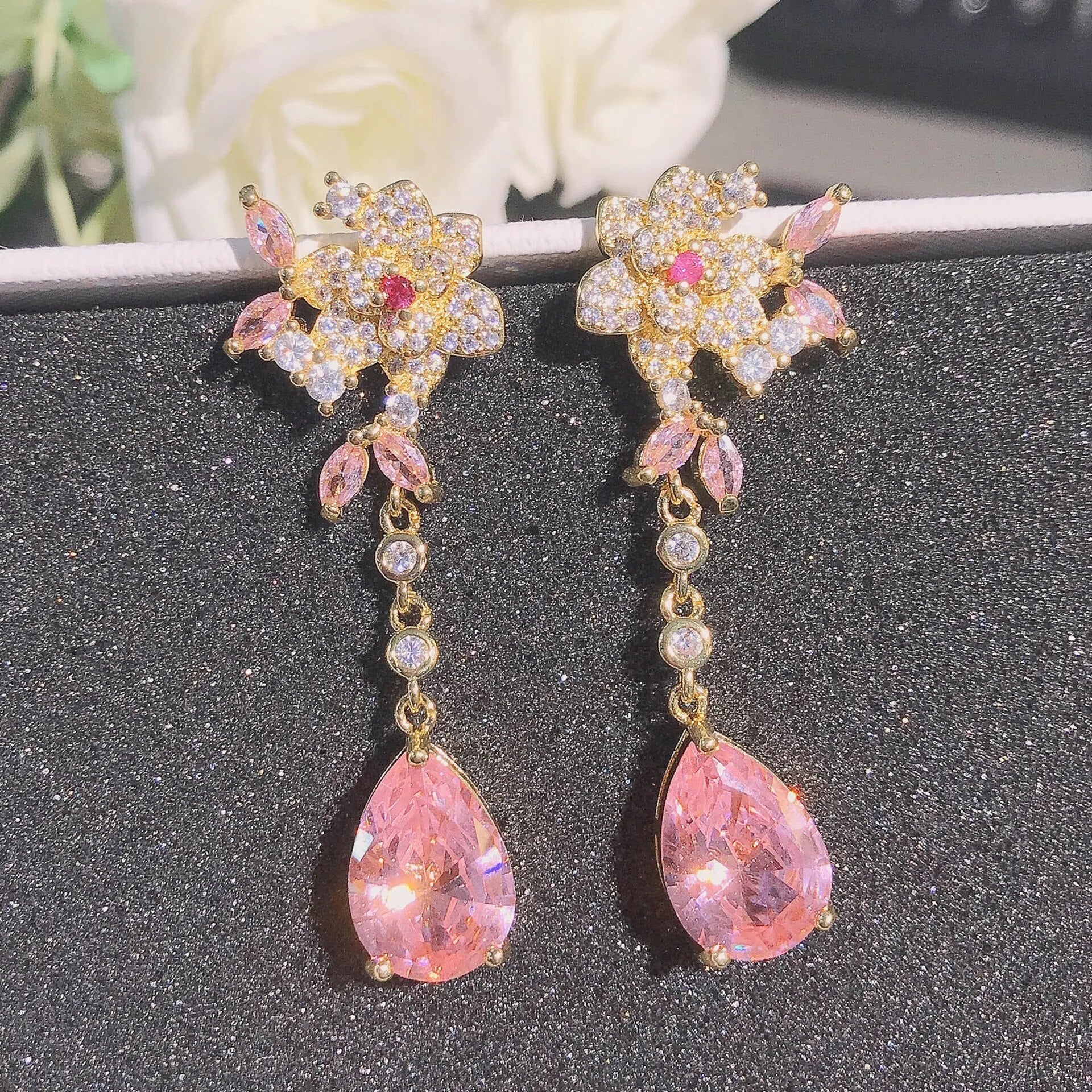 Gold Flower Pink Cubic Zirconia Teardrop Earrings