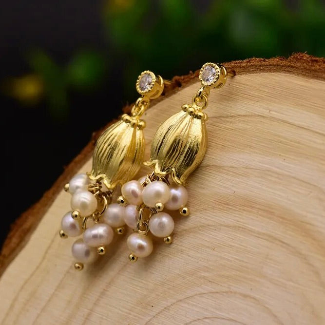 Natural Freshwater Pearl Yellow Lily Tassel Drop Earrings