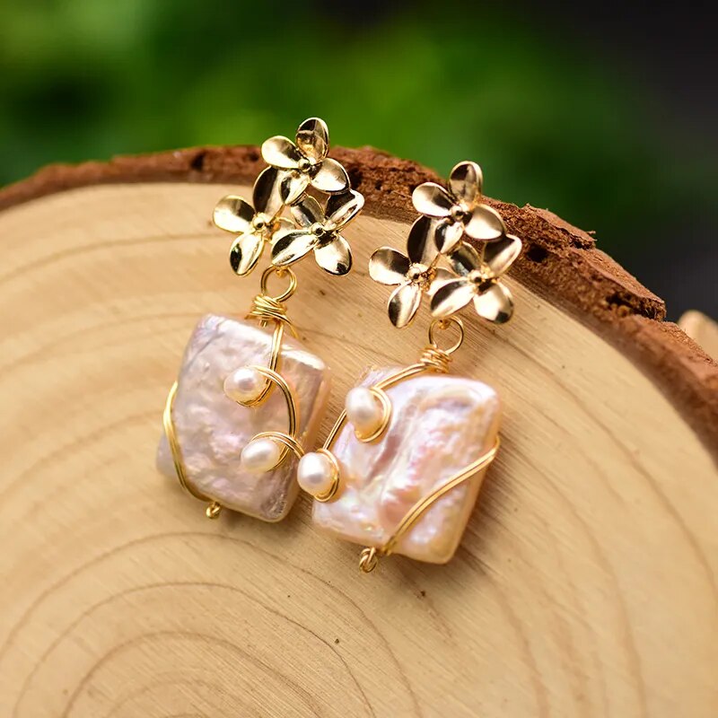 Handmade Flower Square Pink Baroque Pearl Drop Earrings