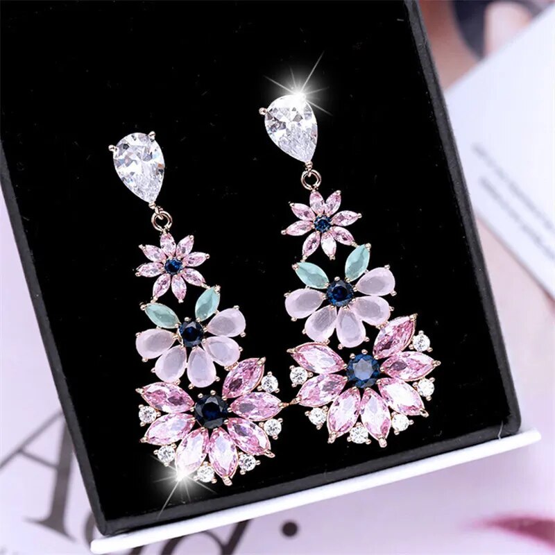 Flower Crystal Multi Chandelier Drop Earrings