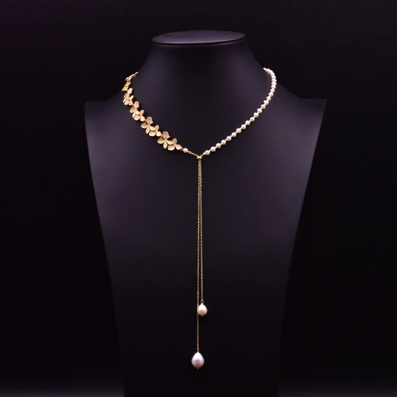 Freshwater Pearl 18K Gold Plated Drop Leaf Necklace