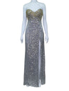 La Femme Silver &amp; Gold Diamante Strapless Evening Gown