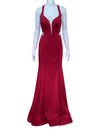La Femme Deep Red Embellished Side Cutout Evening Gown