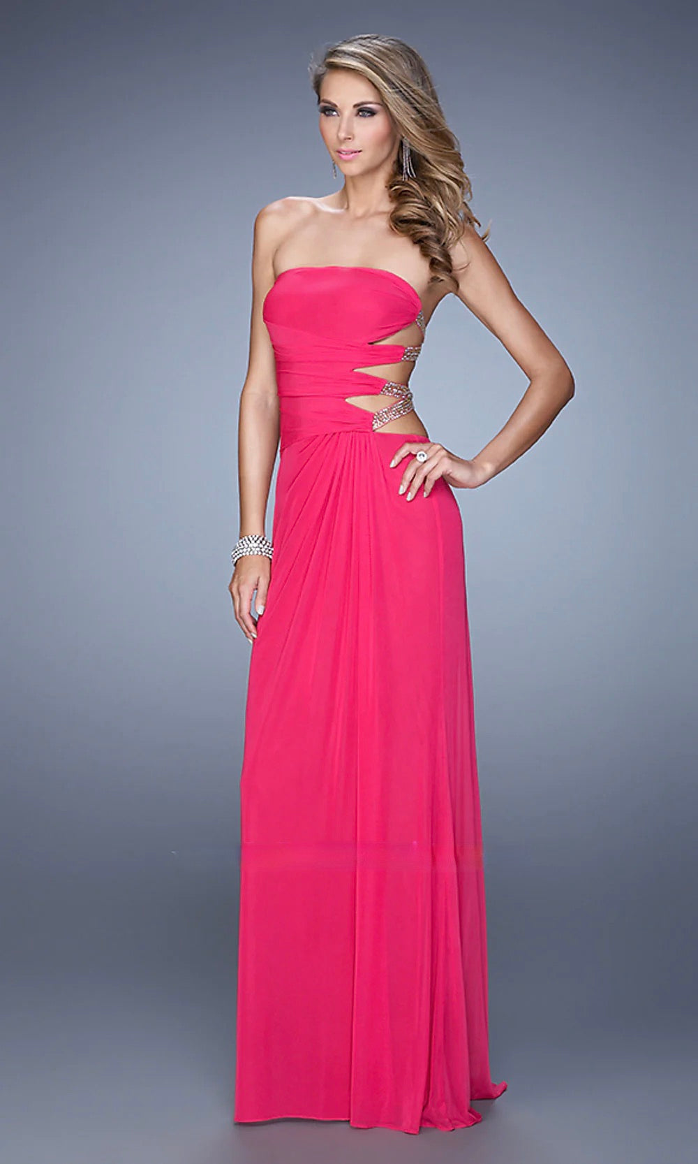 La Femme Pink Strapless Cutout Evening Gown