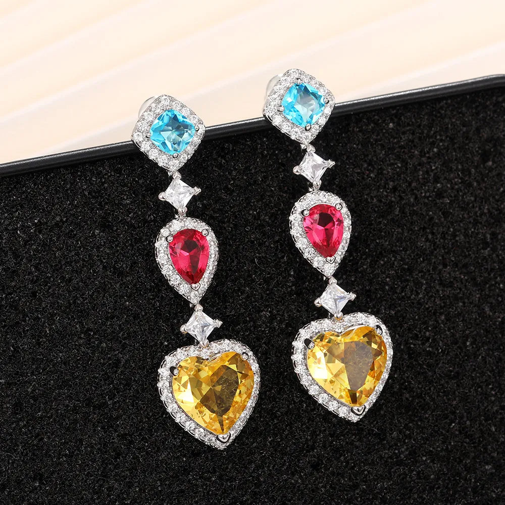 Yellow, Pink, Blue Heart Cubic Zirconia Drop Earrings