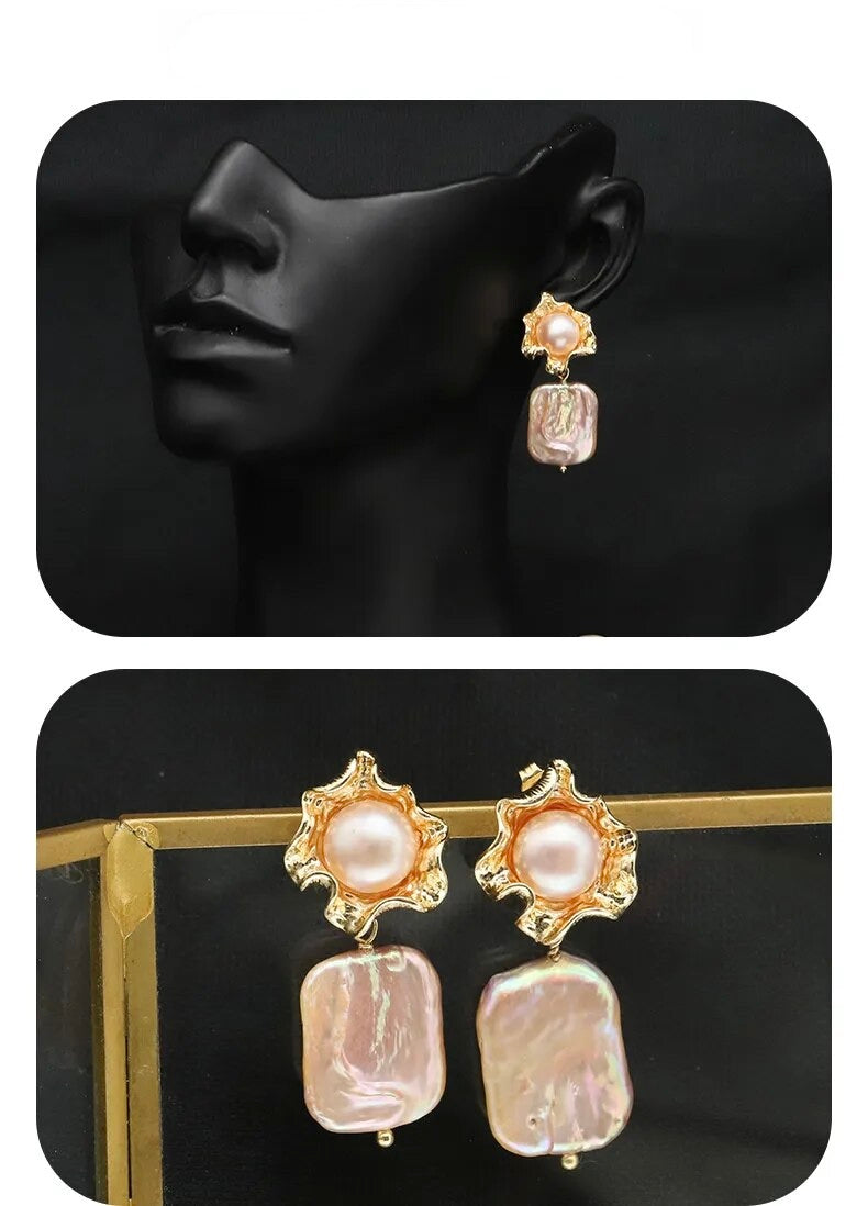 Geometric Baroque Pink Pearl Drop Earrings