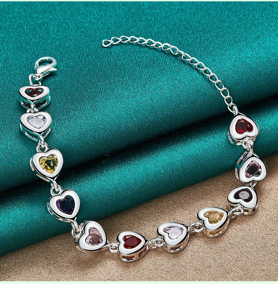 925 Sterling Silver Heart Multi Colour Cubic Zirconia Chain Bracelet