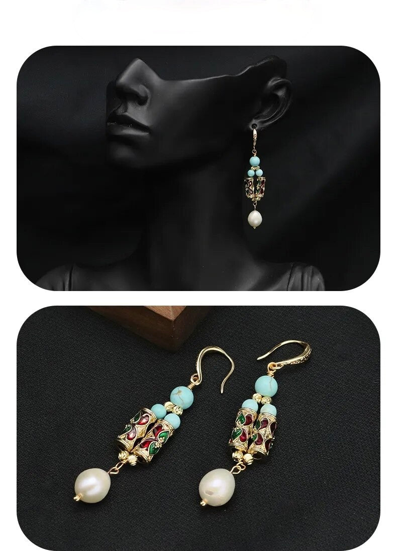 Freshwater Pearl & Turquoise Drop Earrings