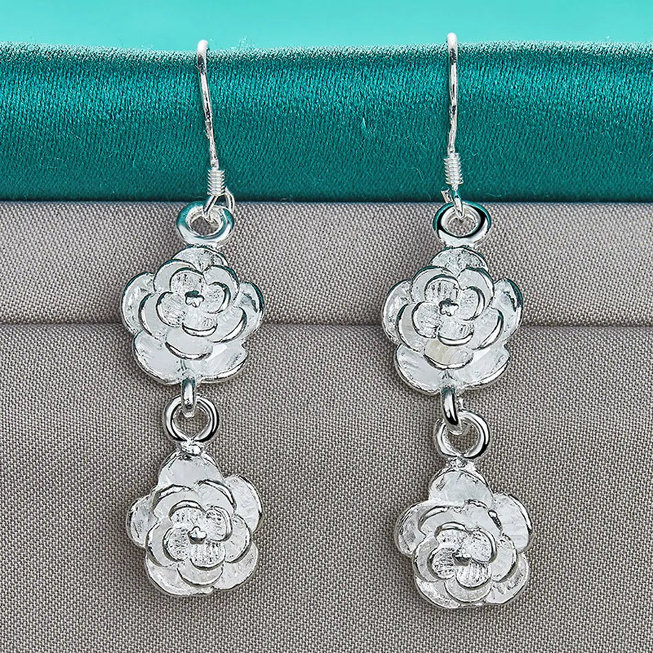 925 Silver Twin Rose Drop Earrings