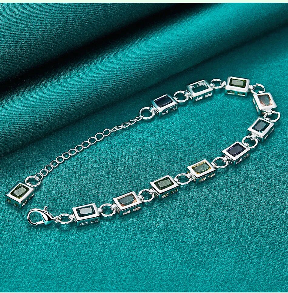 925 Sterling Silver Square Multi Colour Cubic Zirconia Chain Bracelet