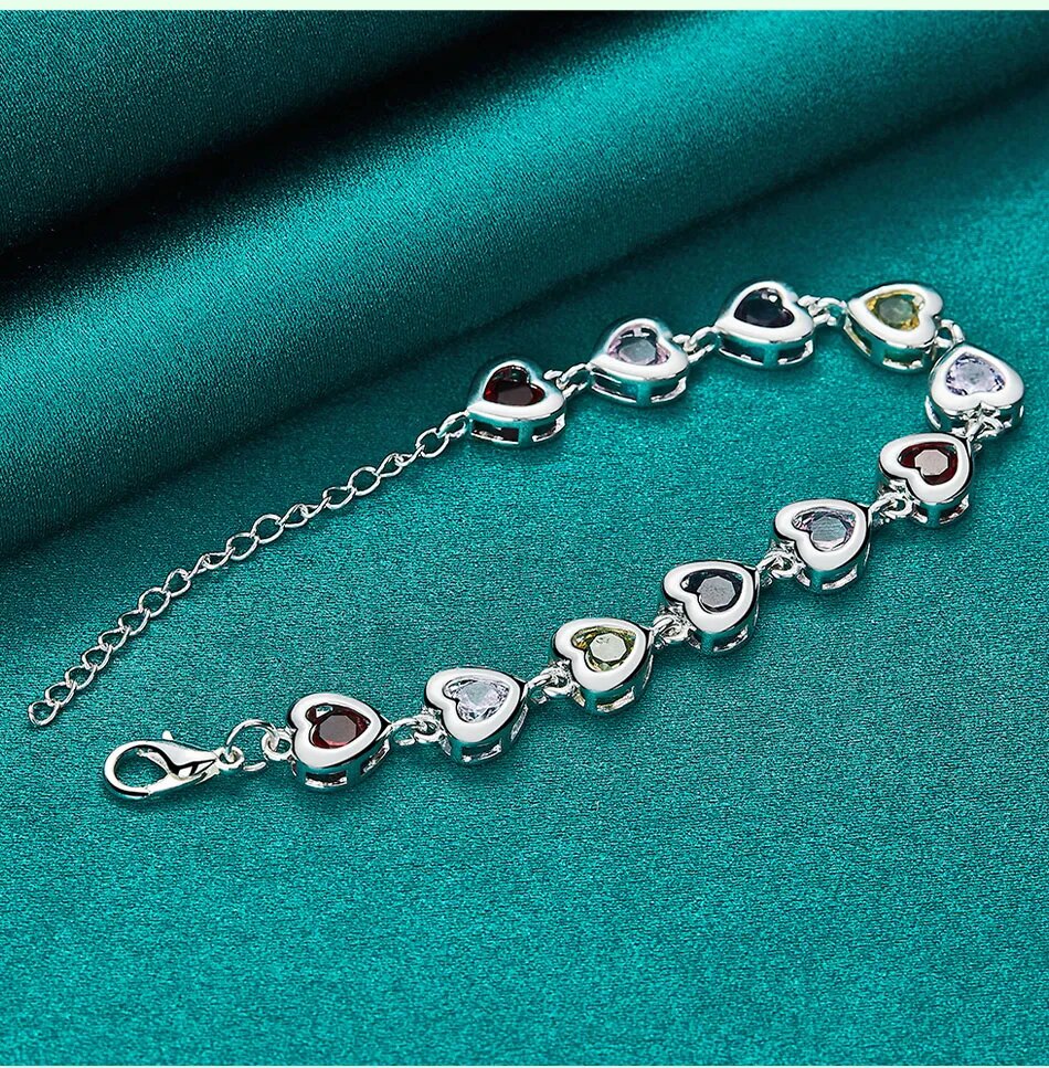 925 Sterling Silver Heart Multi Colour Cubic Zirconia Chain Bracelet