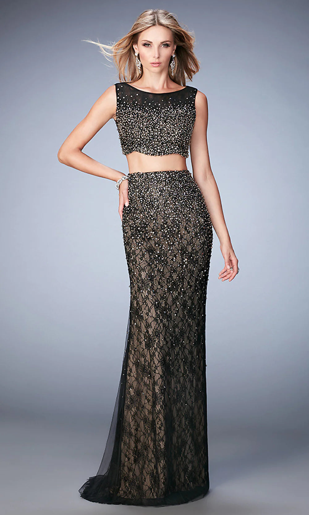 GiGi Black & Silver Embellished Lace 2pc Evening Gown