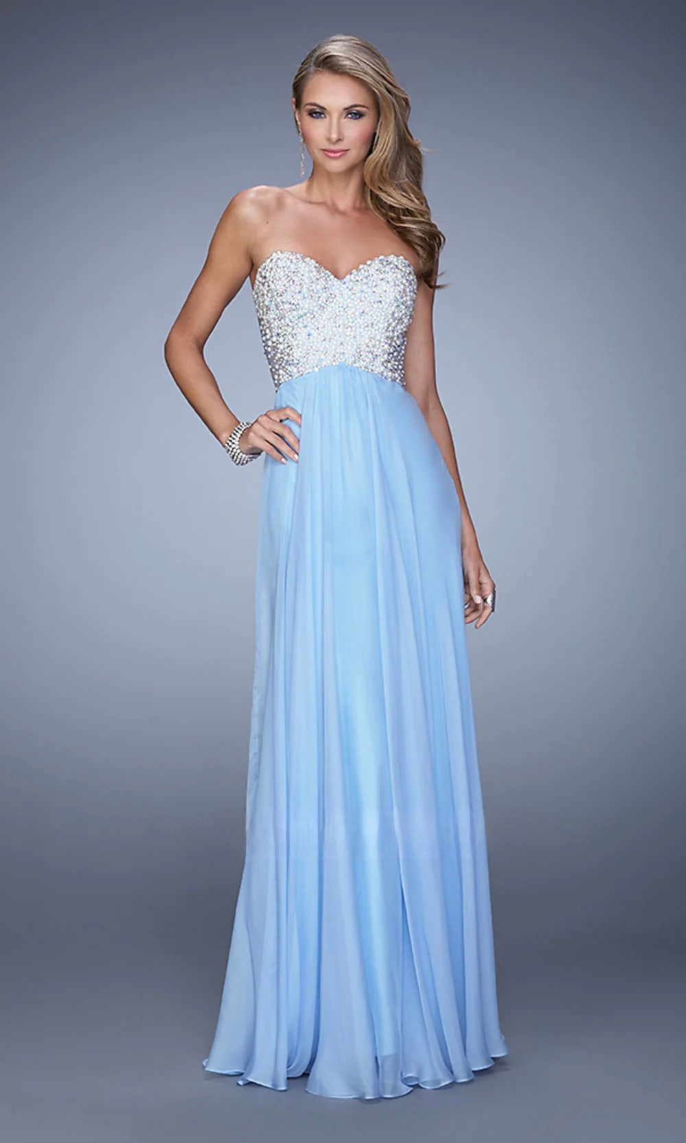 La Femme Pearl Embellished Evening Gown