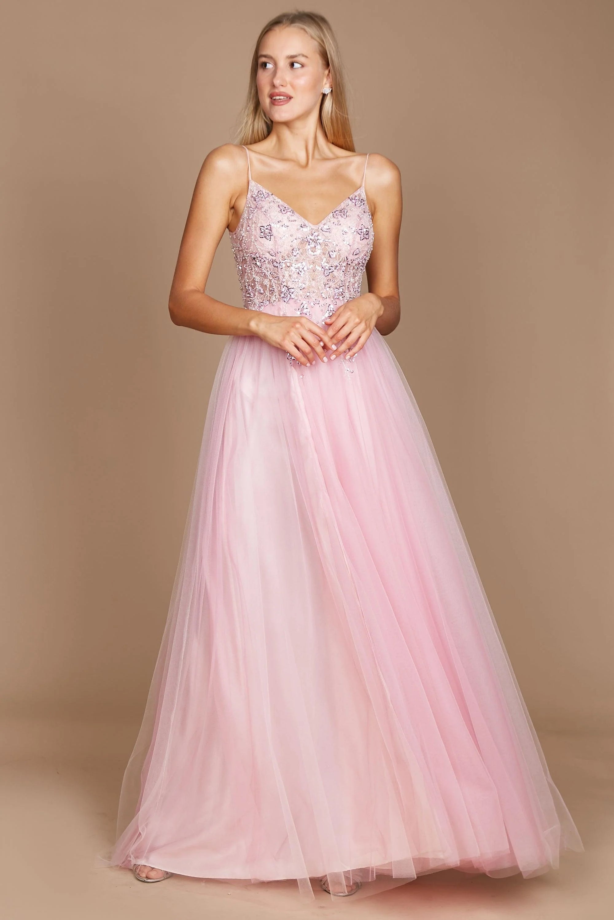Blush Pink Long Lace Prom Dress with Tulle Skirt Light Blue / 10