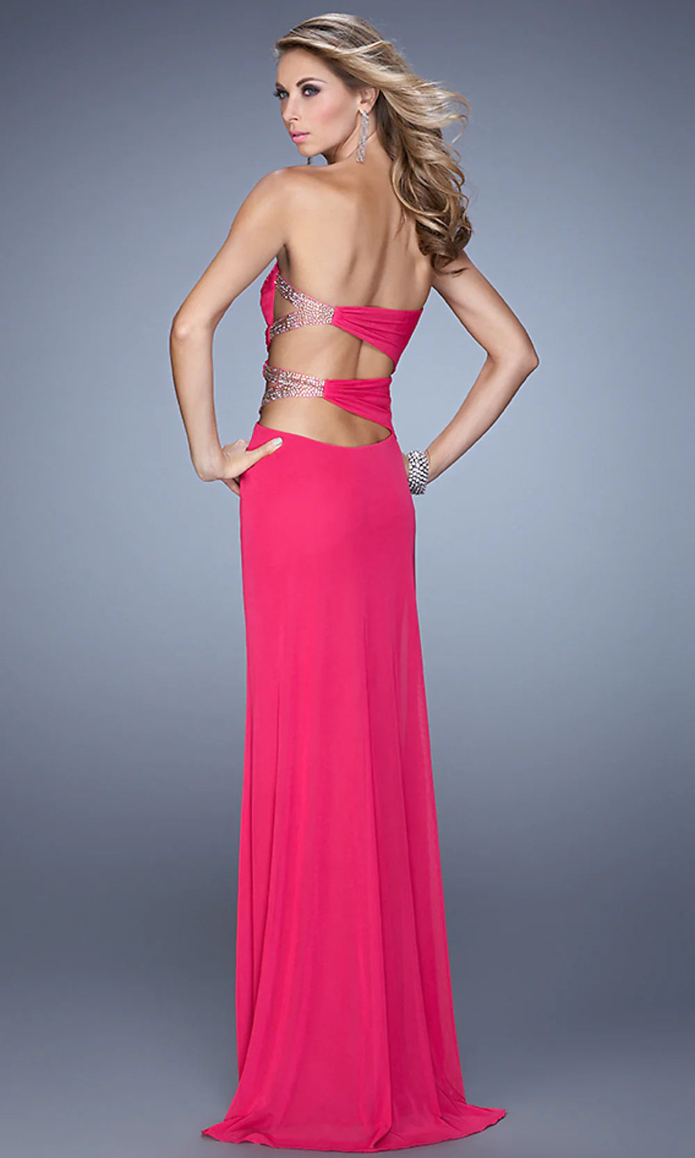 La Femme Pink Strapless Cutout Evening Gown