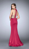 La Femme Deep Red Embellished Side Cutout Evening Gown