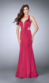 La Femme Deep Red Embellished Side Cutout Evening Gown