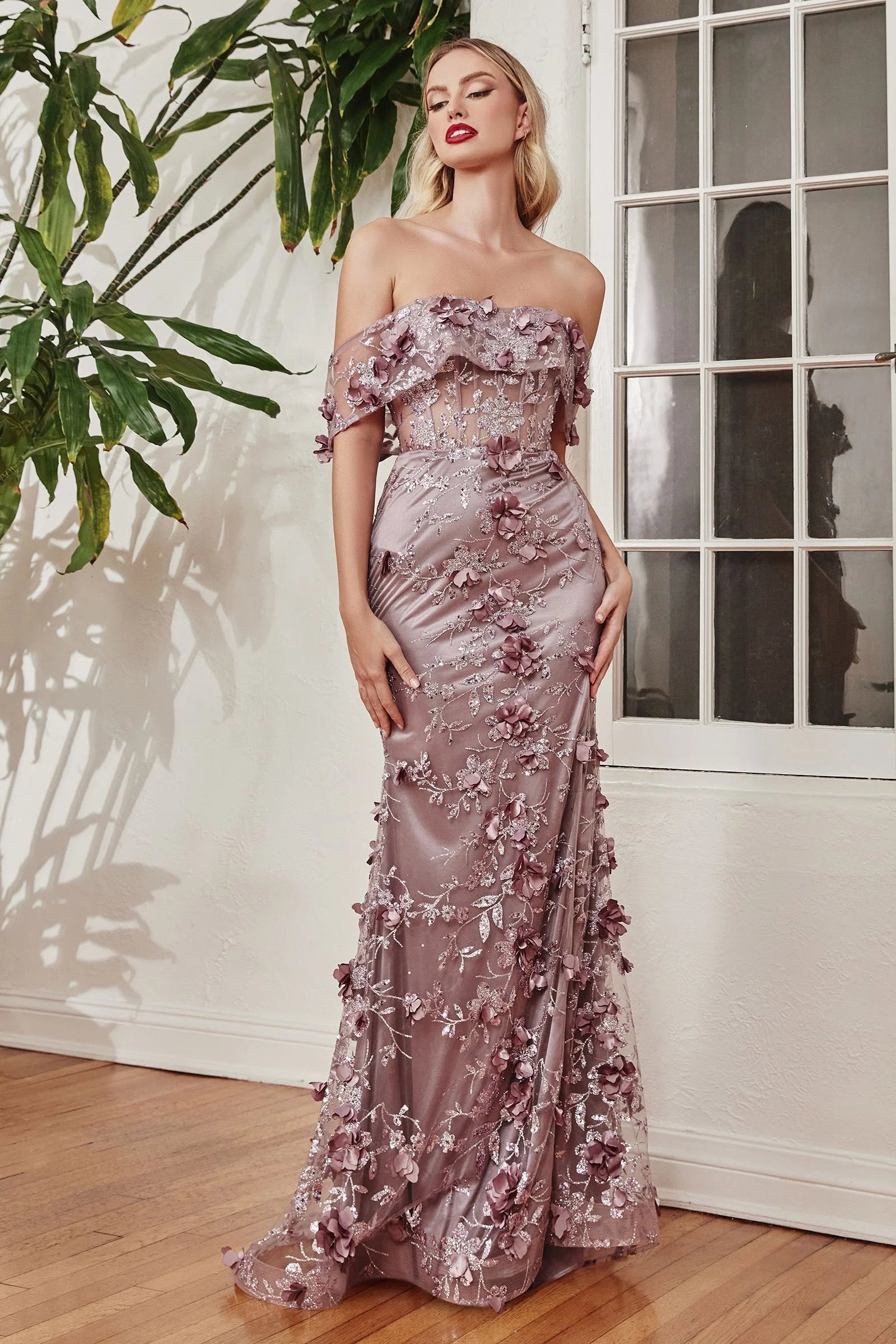 Ladivine Mauve Embellished Petal Evening Gown