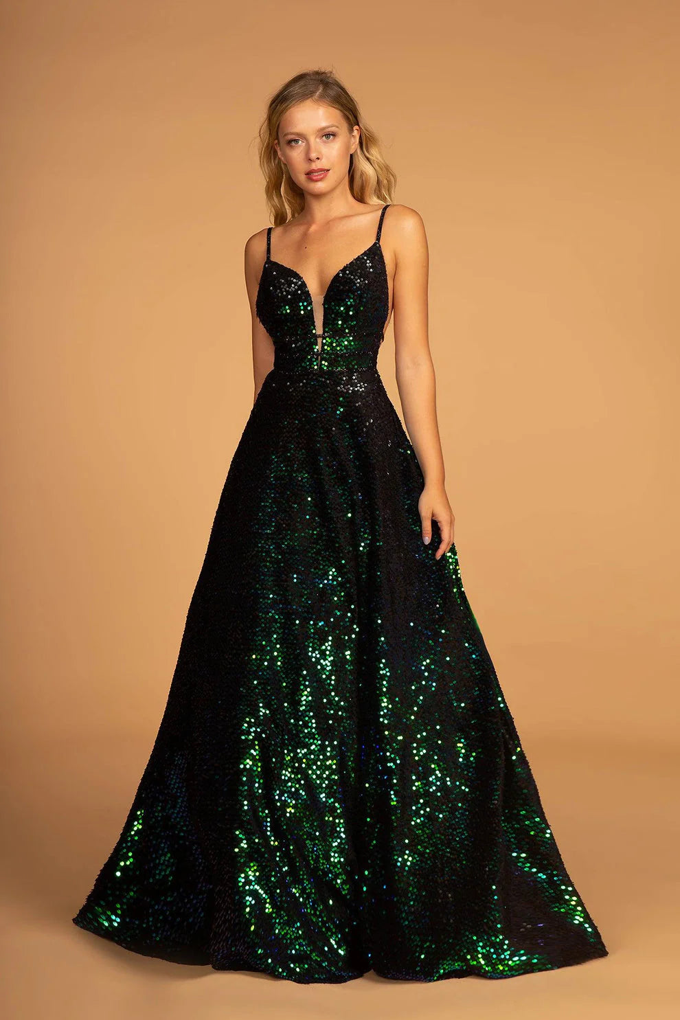 Elizabeth K Emerald Sequin Princess Evening Gown