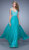 La Femme Peacock Embellished Bralette Evening Gown