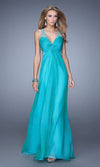 La Femme Turquoise Embellished Knot Front Evening Gown