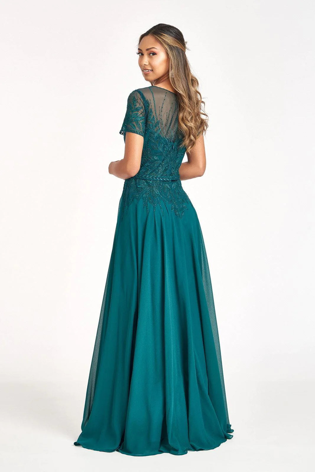 Elizabeth K Emerald Embroidered Bodice Evening Gown